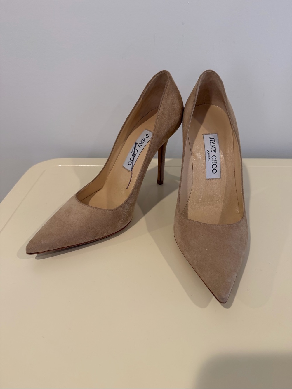 Jimmy Choo Nude Suede Pointed-Toe Stiletto Pumps - size 7